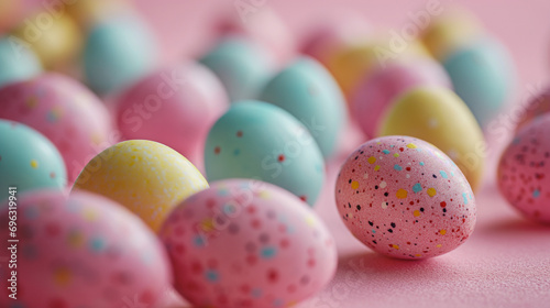 Many traditional macro Easter eggs pink background. Happy Easter greeting card. Holiday concept. 