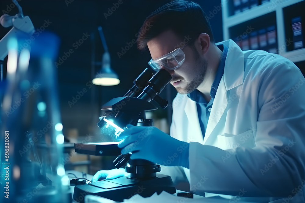 Wissenschaftler/Mediziner im Labor vor Mikroskop, Forschung, erstellt mit generativer KI Wissenschaftler/Mediziner im Labor vor Mikroskop, Forschung, erstellt mit generativer KI
