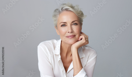 Woman touch face with smooth healthy skin. Beautiful aging young looking woman with gray hair and happy smiling, beauty and cosmetics advertising concept.