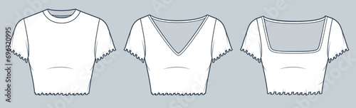 Set of Crop Top technical fashion illustration. Lettuce Hem Tee Shirt fashion flat technical drawing template, round neck, square neck, v-neck, slim fit, front view, white, women Top CAD mockup set. photo