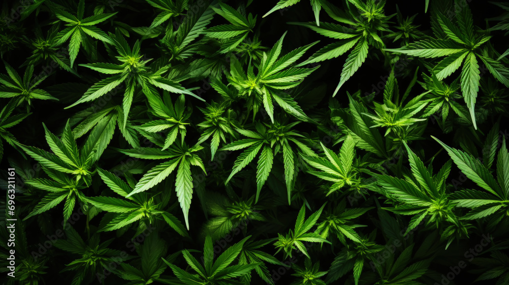 Top view of cannabis sativa branches with leaves patchwork. Medical marijuana concept background. Generative AI Top view of cannabis sativa branches with leaves patchwork. Medical marijuana concept background. Generative AI