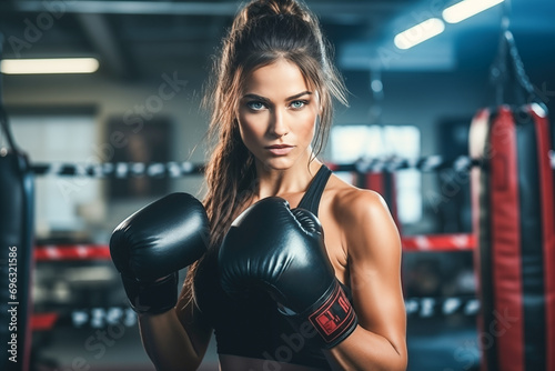 Young fit woman beating a punching bag in gloves during the training © Simon