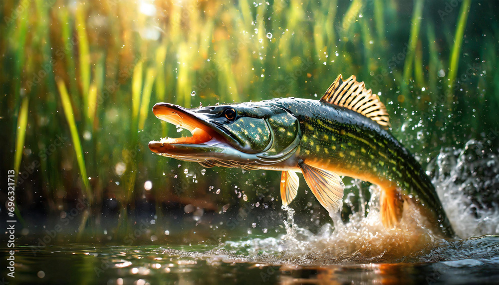 Extreme close-up of a beautiful pike fish jumping out of the water of a river or lake among the green reeds plant. Action shot with splashes and water drops. Generative Ai. - obrazy, fototapety, plakaty 