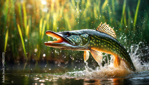 Extreme close-up of a beautiful pike fish jumping out of the water of a river or lake among the green reeds plant. Action shot with splashes and water drops. Generative Ai. photo