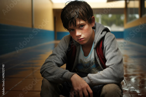 12-year-old Caucasian boy, tears streaming down his face, as he hides in a quiet corner of the school courtyard, away from the bullies who intentionally 