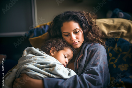 Mother lies on a couch covered with pilllow and blankets  holding a little baby in her embrace.