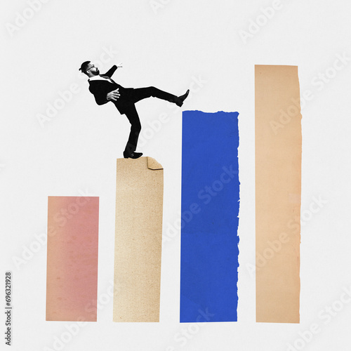 Contemporary art collage. Young man balancing standing on histogram and steps on it like on career ladder against grey background. Concept of business development, career growth, strategy. Ad photo