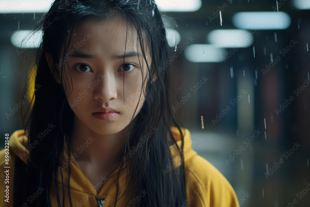A 13-year-old Asian girl, fear evident on her face, as she runs away