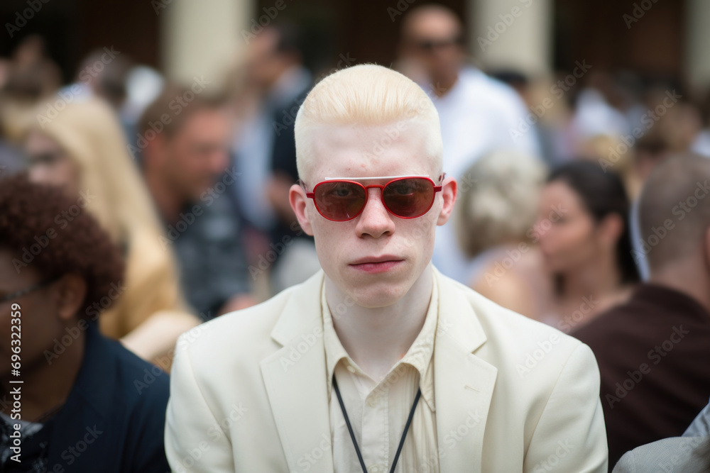 A middle-aged albino man, approximately 30, attending a cultural event, promoting diversity and inclusion in social gatherings