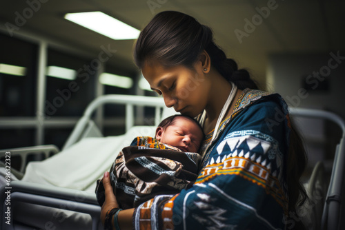The initial moments of motherhood with a photo of a mom of Indigenous descent holding her newborn, their faces expressing profound love in the hospital's maternity ward
