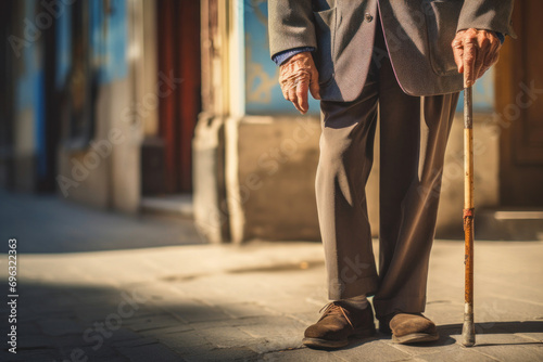 Elderly European old man, walking with a cane and his hand for leg pain support, symbolizing the fortitude required to face leg pain challenges in later life