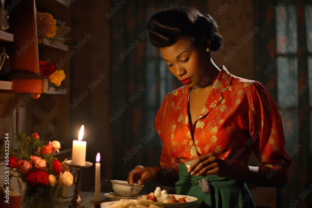32-year-old African American housewife preparing a candlelit dinner in a chic retro dress. The vintage-style photo transports us to a mid-century evening, where her expression radiates love 