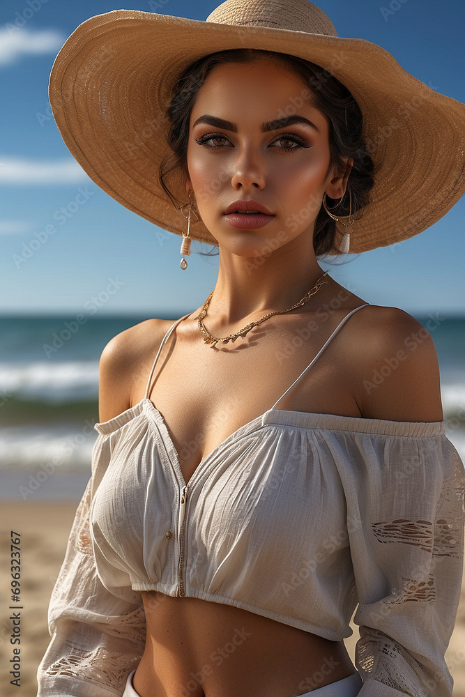 Beautiful young woman walks on the beach on vacation.