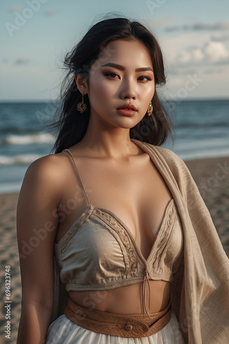 Beautiful young woman walks on the beach on vacation.