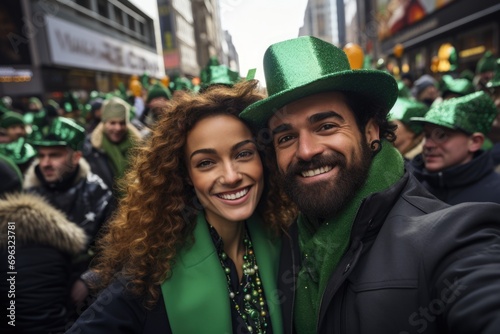 Happy people in St Patrick s Day outfits with beer taking selfie outdoors