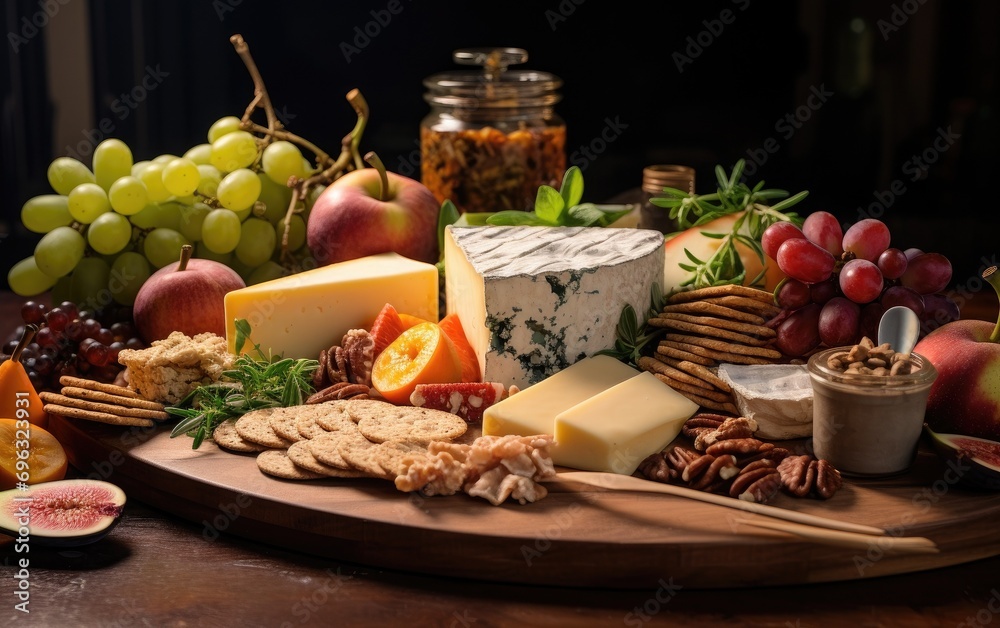 A festive Christmas grazing board filled with a curated selection of holiday-themed cheeses, crackers, and sweets
