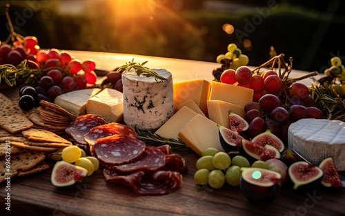 A grazing board featuring an assortment of cheeses, cured meats, fresh fruits, crackers and nuts