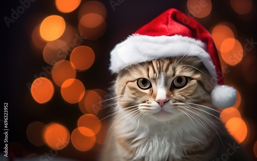 Cat wearing a Santa hat against a bright and festive holiday-themed background