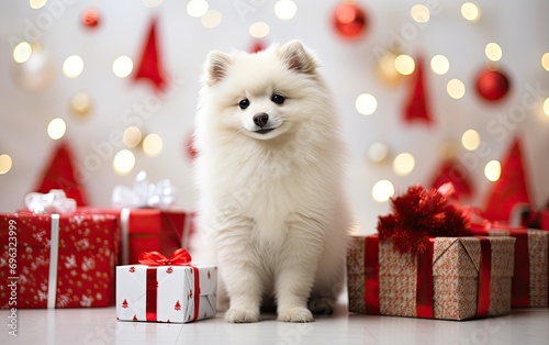The cute dog next to the Christmas gifts on a festive background © AZ Studio
