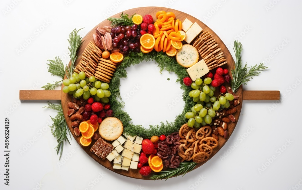 A festive Christmas grazing board creatively arranged in the shape of a wreath, positioned on a round wooden board