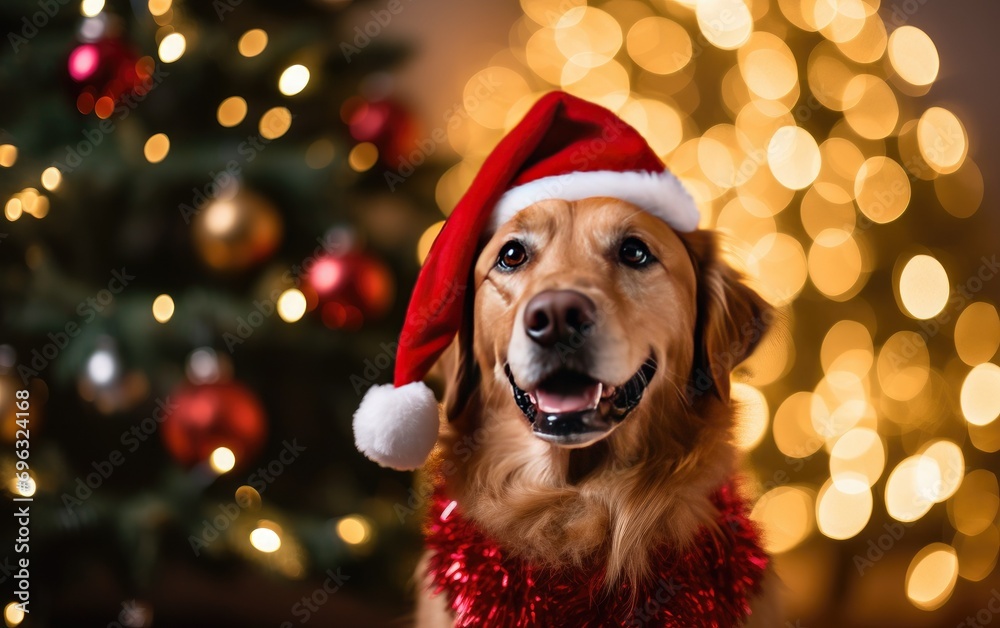 Cute dog wearing a Santa hat against a bright and festive holiday-themed background