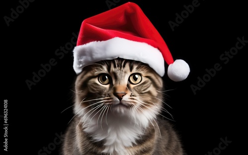 Cat wearing a Santa hat against a black simple background © AZ Studio