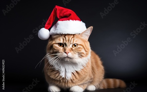 Cat wearing a Santa hat against a black simple background
