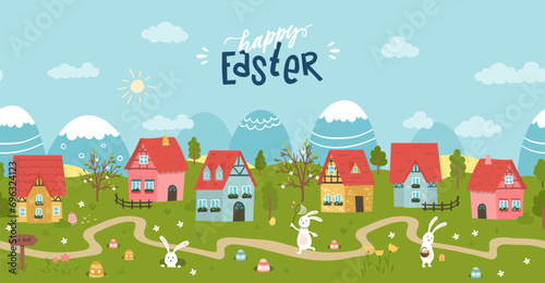 Fototapeta Naklejka Na Ścianę i Meble -  Cute Easter Egg hunt design for children, hand drawn with cute bunnies, eggs and decorations - great for party invitations, banners, wallpapers - vector