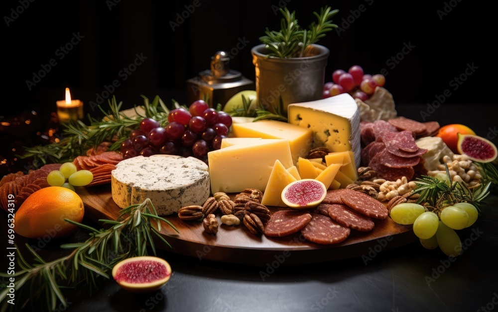 Naklejka premium A mouth-watering Christmas grazing board showcasing a mix of holiday-themed cheeses, charcuterie, and seasonal fruits, elegantly presented on a wooden surface