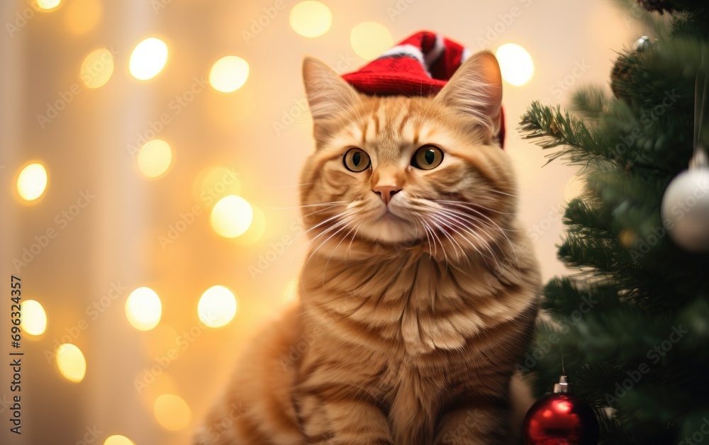 Cat wearing a Santa hat against a bright and festive holiday-themed background
