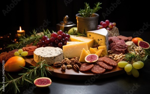 A mouth-watering Christmas grazing board showcasing a mix of holiday-themed cheeses, charcuterie, and seasonal fruits, elegantly presented on a wooden surface
