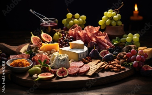 A mouth-watering grazing board filled with an assortment of cheeses, meats, and fresh fruits, arranged on a slate surface