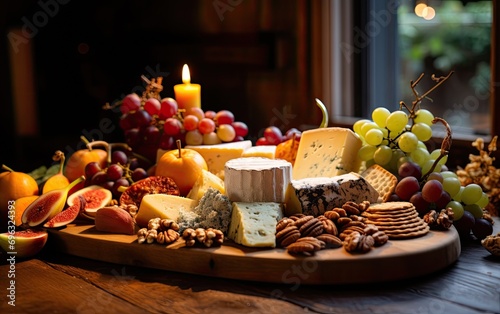 A Christmas grazing board featuring a mix of festive cheeses, fruits, and nuts, carefully displayed on a holiday-themed platter