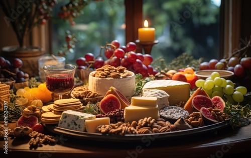 A Christmas grazing board featuring a mix of festive cheeses, fruits, and nuts, carefully displayed on a holiday-themed platter