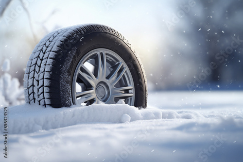 Winter Car tire with snow in detail, macro photo, tyre in winter weather concept. Generative AI © marcin jucha