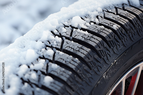 Winter Car tire with snow in detail, macro photo, tyre in winter weather concept. Generative AI