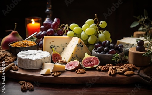 A grazing board featuring a mix of cheeses, fruits, and nuts, carefully arranged on a wooden platter