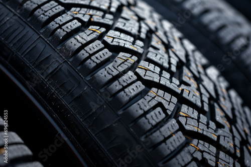 Winter Car tire with snow in detail, macro photo, tyre in winter weather concept. Generative AI © marcin jucha