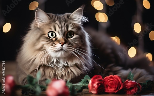 Cute cat adorned with Christmas decorations and garlands on a festive background