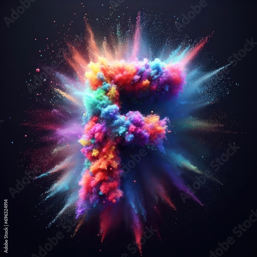 Letter F - Colored powder explosion font isolated on black background - uppercase letter F from the alphabet - Vibrant colors contrasting with a black background text - Colorful dust burst typeset