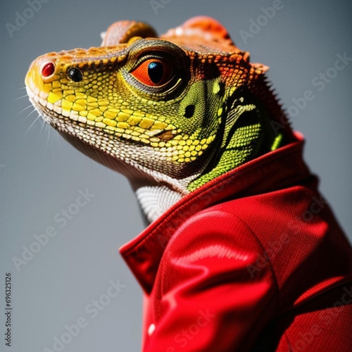 Foto de lagarto verde vestido con un traje rojo.