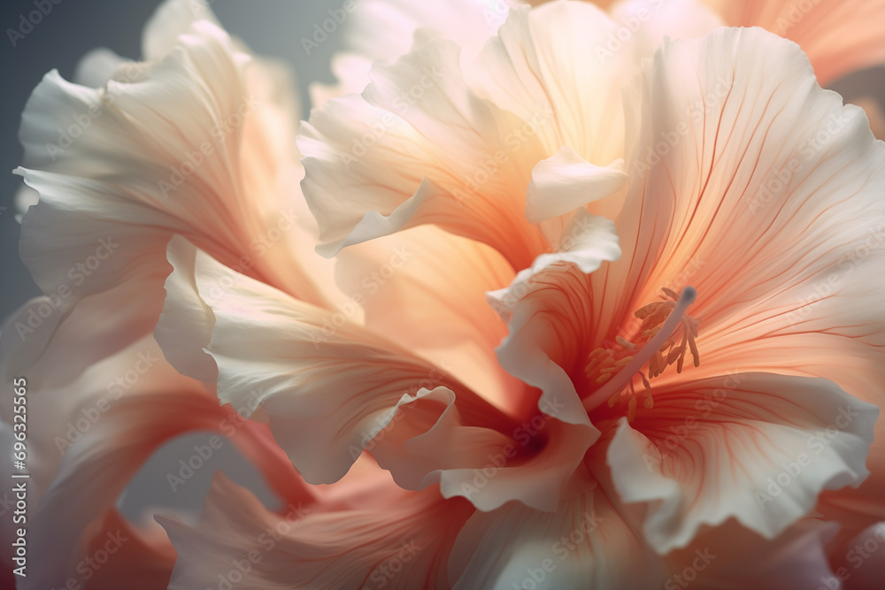 Beautiful Peach Fuzz Hibiscus and Peach Hibiscus flower . Captivating Beauty of Peach Fuzz. Enlightenment and universe. With Copy Space for banner, poster, cover, brochure or presentation.