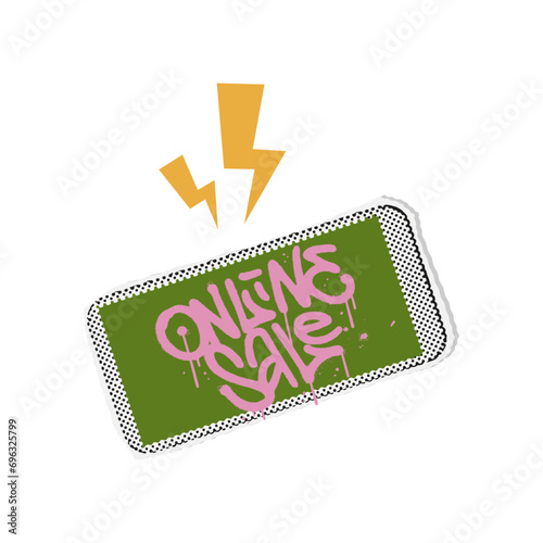 Mockup of smartphone in halftone hand. Paper cut out element for decoration of banners and posters.