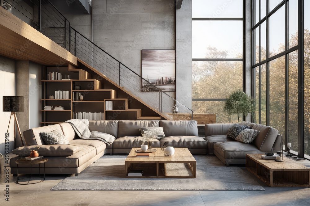 A sophisticated loft home design, blending a modern living room with a wooden staircase and ample light from the floor-to-ceiling window, creating a warm and inviting space. A sophisticated loft home design, blending a modern living room with a wooden staircase and ample light from the floor-to-ceiling window, creating a warm and inviting space.