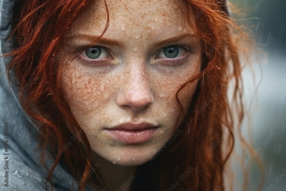 A close up portrait of a beautiful caucasian woman standing in the rain A close up portrait of a beautiful caucasian woman standing in the rain