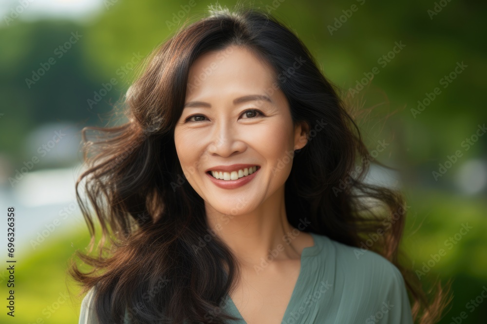 Asian woman smiling at the camera outdoors. Close-up portrait of a cheerful handsome asian woman Asian woman smiling at the camera outdoors. Close-up portrait of a cheerful handsome asian woman