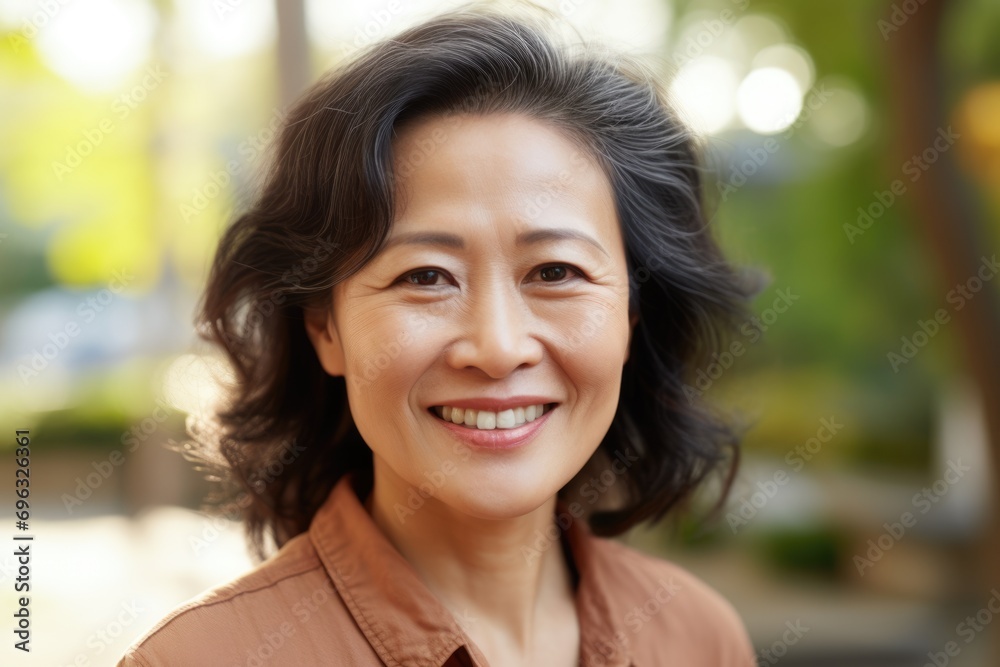 Asian woman smiling at the camera outdoors. Close-up portrait of a cheerful handsome asian woman Asian woman smiling at the camera outdoors. Close-up portrait of a cheerful handsome asian woman