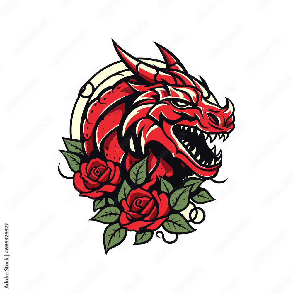 Minimalist illustration of a dragon with a distinctive rose tattoo illustration dragon t shirt 