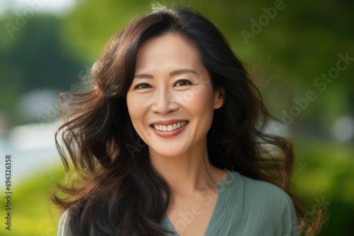 Asian woman smiling at the camera outdoors. Close-up portrait of a cheerful handsome asian woman