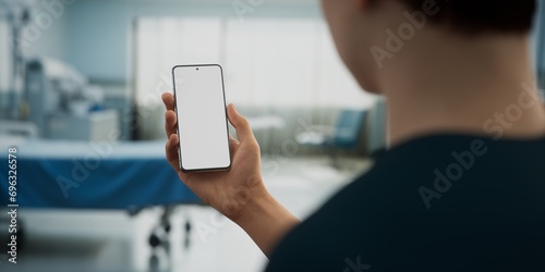 CU Caucasian man doctor or patient using his phone inside hospital room photo